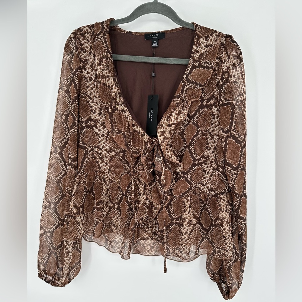 Haver London Animal Print Blouse SP Snake Ruffle Tie Front Balloon Sleeve NWT